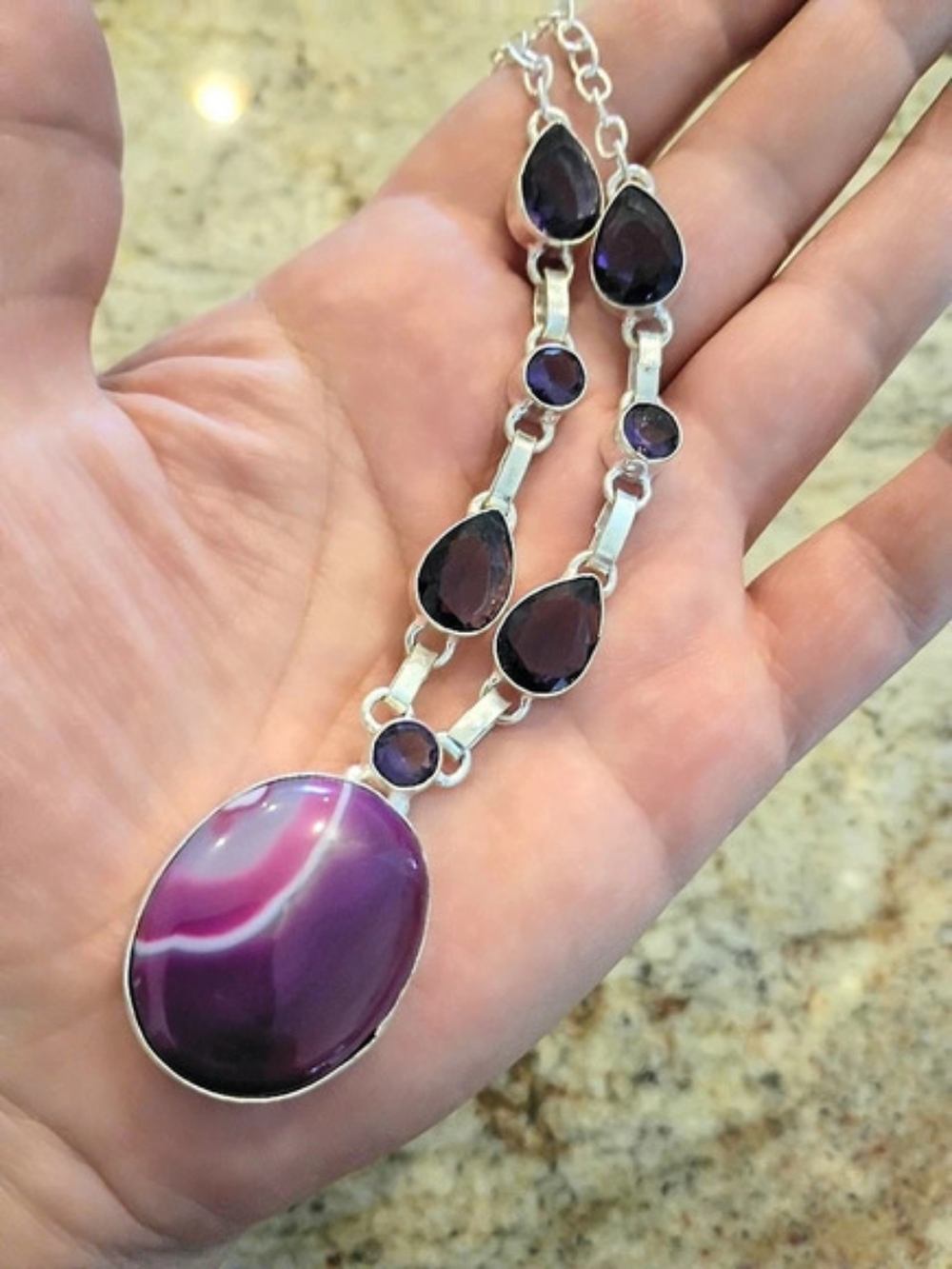 Purple Real Agate Stone Pendant Necklace Beautiful!